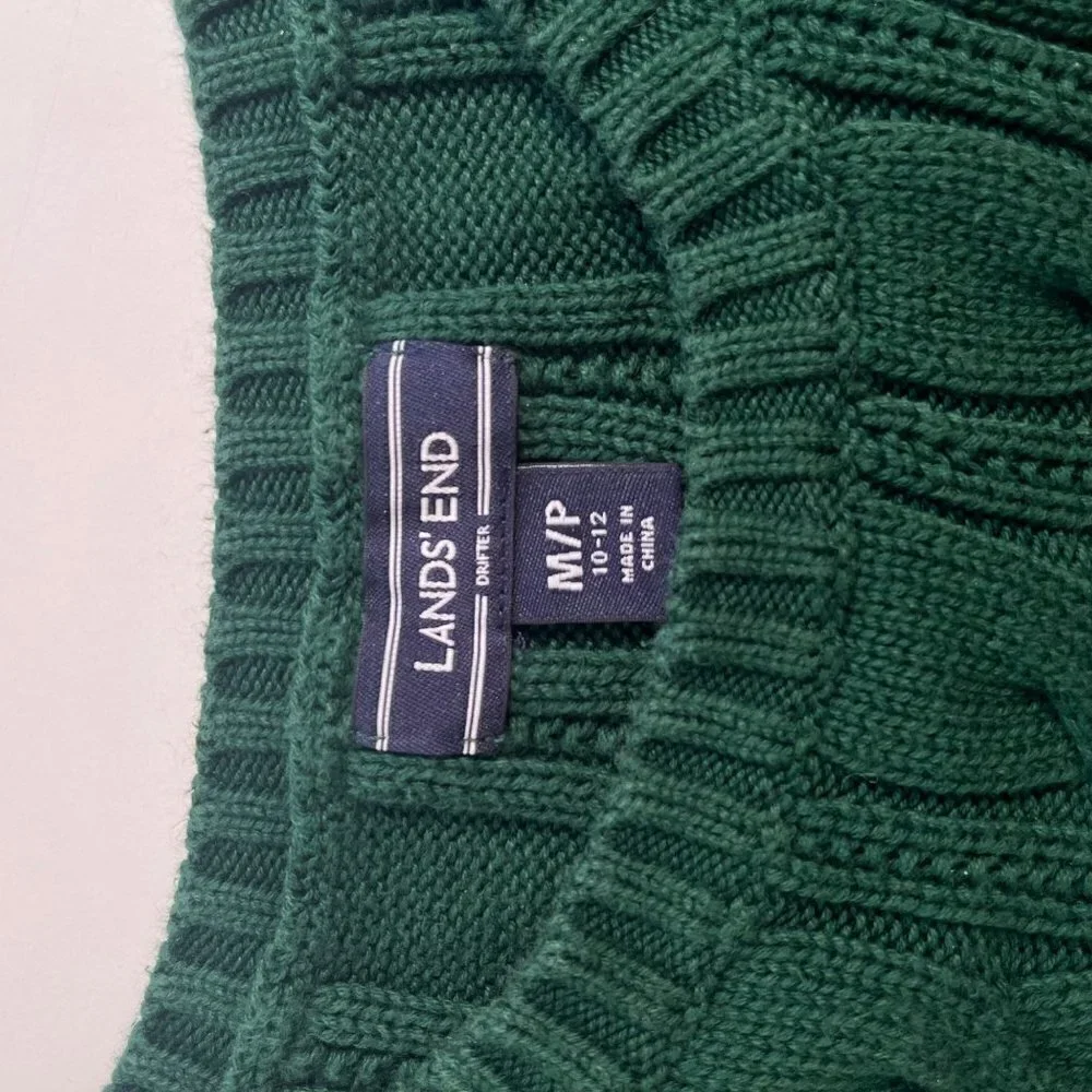 Lands End Cable Knit Cotton Fisherman Sweater Hunter Green Womens MP Snug Fit